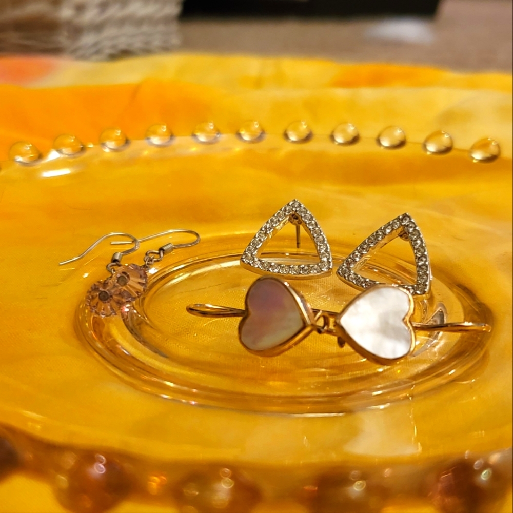 Three pair. One small drop pink. Hearts pink. Crystal triangles All vintage. 925